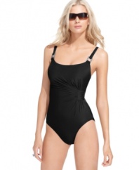 Sparkle under the sun with this Miraclesuit Lisa Jane one piece featuring eye-catching sequined hardware & ruched gather detail! Allover body control creates a sleek silhouette!
