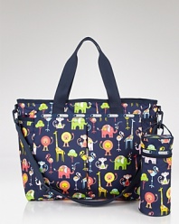 An utterly adorable baby bag from LeSportsac, crafted of durable nylon with a zoo animal motif. Includes a changing pad and an interior stroller strap with dogclip closures.