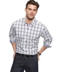With cool contrast cuffs, this shirt from Tasso Elba sets itself apart from the plaid lineup.