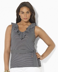 A curve-clinging blend of cotton and modal gives this striped V-neck top a chic, feminine silhouette, finished with airy ruffles and a self-tie sash for ultra-flirty appeal.