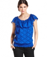 Allover lace and a ruffle overlay makes this Alfani blouse a feminine pick for sweet summer style!