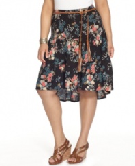 Flaunt your flower power with American Rag's plus size skirt, punctuated by a high-low hem-- it's so on-trend for the season!