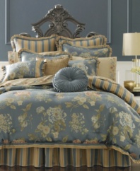 This J Queen Savannah comforter set is reminiscent of a garden at sunset. An array of floral arrangements bloom over a dark backdrop to evoke comfort & tranquility.