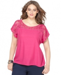A beaded yoke lends a unique finish to DKNYC's short sleeve plus size top-- it's a perfect match with denim!