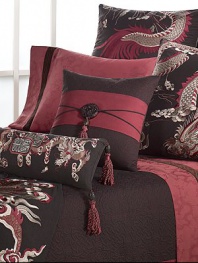 Dramatic dragons and geometric Chinese Chippendale motifs distinguish this deep, opulent collection of rich textures and lavish embroidery.Geometric quilting with contrast stitching and medallion with tasselRemovable cover20 X 20Rayon made from bambooSpot cleanImported