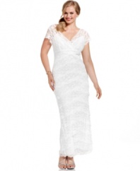 Marina's plus size dress is breathtaking with a tiered lace overlay that's sheer at the shoulders and sleeves. Wear your hair swept up to show off the elegant scalloped V-neckline at the front and back.