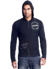 With a graphic treatment and cool hooded style, this henley from Affliction will make its mark in your weekend rotation.