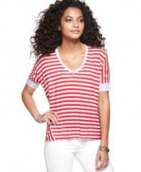 Sporty stripes update Cha Cha Vente's chic, stretch jersey tee! Pair with white capris or slim jeans for a classic look.