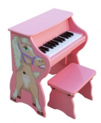 Schoenhut offers this versatile 2-in-1 Table Top Upright Animal piano with a bench that grows with your child! The Table Top piano, decorated with a whimsical animal's head, is perfect for toddlers because it sits safely and squarely on the floor or on a table within easy reach of little hands. Later on, the animal's body legs can be attached, conveniently raising the Table Top piano to a comfortable upright piano height for an older child seated at the (included) bench. Schoenhut toy pianos are famous for their lovely chime-like tones. Children love the unique sound. An added feature of Schoenhut toy pianos is the spacing between keys, the same as that on a full-sized model, which teaches proper finger placement and affords an easy transition to a real piano. Included is Schoenhut's Learning System with a removable color-coordinated strip that fits behind the keys to guide small fingers from chord to chord. The accompanying songbook contains a collection of familiar tunes.