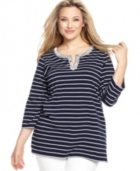 A beaded neckline adds elegant appeal to Jones New York Signature's three-quarter sleeve plus size top, finished by a striped pattern.