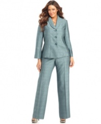 Le Suit's plus size pant suit shines with special details, like sleek seamed pleats at the jacket.