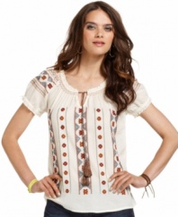 A vintage look for the modern bohemian -- get it with this Lucky Brand Jeans peasant top. Featuring needlepoint embroidery and a chic tassel tie at the neckline, it's all about the details.