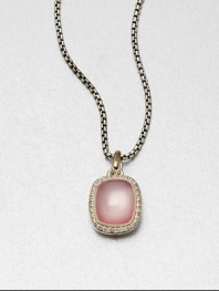 From the Noblesse Collection. A pretty pink mother-of-pearl cabochon surrounded by brilliant diamonds on a sterling silver box chain. Pink mother-of-pearlDiamonds, .3 tcwSterling silverLength, about 17Pendant size, about .47Lobster clasp closureImported 