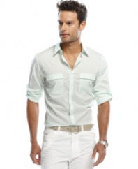 Roll up your sleeves and get to work on having great style with this button front shirt from Calvin Klein.