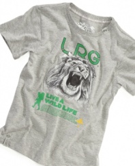 For your own King of the Wild: LRG logo T-Shirt featuring roaring lion graphic with the Live A Wild Life slogan.