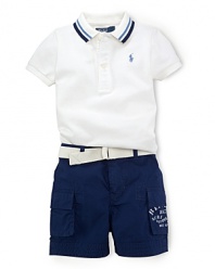 This set pairs a preppy cotton polo with a surplus-inspired cargo short for a versatile, laid-back look.