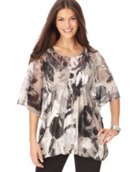 Allover silver studs add a hint of shine to this printed Alfani chiffon top -- perfect over skinny jeans or trousers!