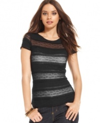 Sheer lace stripes adds a hint of sultriness to this BCBGMAXAZRIA top -- a hot layering piece!