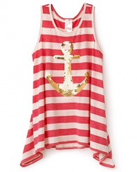Ahoy! Her summer style is on the hook with the nautical stripe tank top, humbly adorned with a goldtone sequin anchor front and center.
