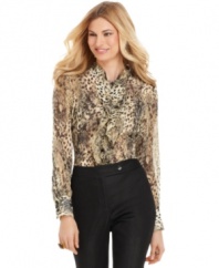 Staying put-together just got a little wild with this Jones New York blouse, featuring an allover animal print on semi-sheer fabric. Pair it with a cami and slim pants for everyday chic!