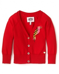 This charming cardigan from Juicy Couture ups the ante with a big, bright bird print at the left chest and engraved goldtone buttons.