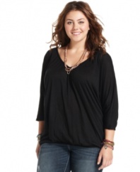 Team your fave jeans with American Rag's three-quarter-sleeve plus size top, punctuated by a banded waist.