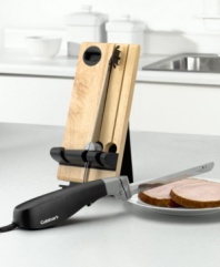Cuisinart's electric knife is really two knives in one with full-size interchangeable bread and carving blades in high-grade stainless steel. Knife handle is ergonomically designed to work comfortably when held in the right or left hand. Set comes with a becoming wooden butcher block storage unit with blade lock-ins for added safety. Includes 4-foot cord, one-touch on/off trigger and Cuisinart's 3-year warranty. Knife blades are dishwasher safe. Model #CEK-40.