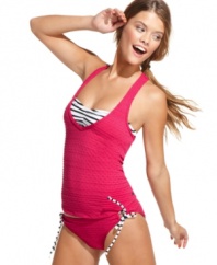 Roxy's retro-inspired piece is really a striped bandeau bikini and a removable racerback tankini. Wear the bandeau by itself or put them together for a cute layered look!