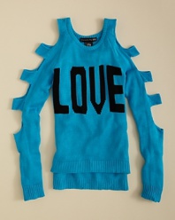 Cute box cut-outs along the sleeves and a light-knit body add an look and feel to Flowers by Zoe's LOVE sweater.