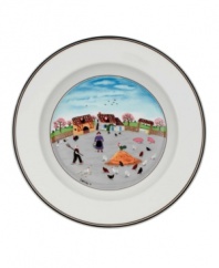 Chickens and pigs reign over the barnyard on this Design Naif rim soup bowl, featuring premium Villeroy & Boch porcelain.