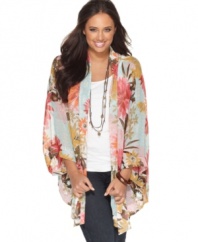 Flaunt your love of floral prints with American Rag's three-quarter sleeve plus size jacket-- layer it with tanks or tees!