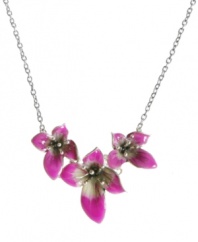 Hawaiian tropics. Lucky Brand's exotic style combines three beautiful orchids crafted from bright pink epoxy. Set in silver tone mixed metal. Approximate length: 17 inches + 2-inch extender. Approximate drop: 1-3/4 inches.