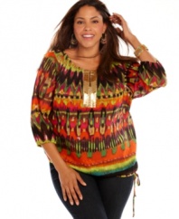 Embrace samba style with Calvin Klein's three-quarter sleeve plus size peasant top, flaunting a Brasil-inspired print!