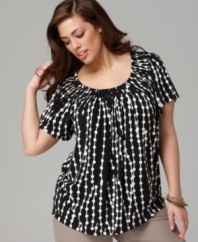 Add chic appeal to your casual wardrobbe with Style&co.'s short sleeve plus size top, accented by a vivid print and pleated neckline-- it's an Everyday Value!