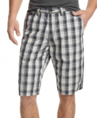 Revive your warm-weather wardrobe with the cool street styling of these plaid shorts from DKNY Jeans.