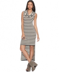 A dramatic asymmetrical hi-lo hem and allover stripes up the edge on this Bar III dress -- perfect for graphic downtown-chic!