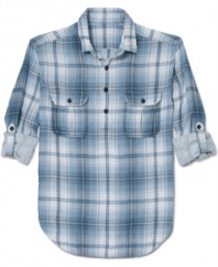With easy pullover styling, this Lucky Brand Jeans plaid shirt is the right one for the weekend.