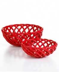 Break bread with woven red baskets from Tabletops Unlimited's collection of serveware and serving dishes. Rolls, garlic knots and toasty baguettes stay warm at your table in oven-safe earthenware.