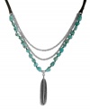 Light as a feather, heavy fashion. Lucky Brand's chic frontal necklace features a three-row design combining semi-precious reconstituted turquoise stones, silver tone mixed metal chains and a detailed feather charm. Draped on a nylon cord. Approximate length: 36 inches. Approximate drop: 3-3/4 inches.