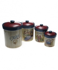 Fresh catch. Prepare crab cakes and fish stews in a nautical setting with the vivid illustrations and wooden pier motif of Seafood Market canisters. In four sizes perfect for preserving dry ingredients, biscuits, cereal and more.