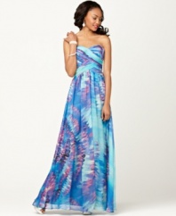A colorful print gives this evening gown by JS Boutique a splash of personality while still looking utterly elegant!