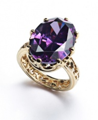 The color of royalty makes a statement all its own. This glamorous, Eliot Danori ring highlights an oval-cut glass center in a rich amethyst hue. An ornate, filigree band and setting is crafted from 18k gold over sterling silver. Sizes 7, 8 and 9.
