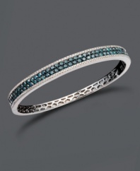 Dive into summer style with cool, blue hues. Bella Bleu by Effy Collection bangle features two rows of round-cut blue diamonds (2-3/4 ct. t.w.) edged by round-cut white diamonds (5/8 ct. t.w.). Slip on setting crafted in 14k white gold. Approximate diameter: 2-1/2 inches.