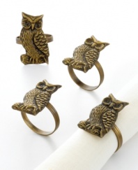 Eye-catching Hoot Owl napkin rings perch on casual linens for a look of outdoor whimsy in rustic antiqued brass. From Excell. (Clearance)