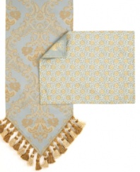 Renew your dining area with the artistic elegance of this Charlotte table runner from Sherry Kline Home. Features a majestic pattern that will add pure sophistication to your table. Finished with metallic gold tassel trim.