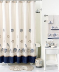 Life's a beach! Charm your bathroom in a look of seaside-inspired beauty with this Hampton Shells shower curtain, featuring eclectic embroidered seashells in tan and blue tones for a calming appeal.