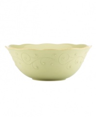 With fanciful beading and a feminine edge, this Lenox French Perle serving bowl has an irresistibly old-fashioned sensibility. Hard-wearing stoneware is dishwasher safe and, in a soft pistachio hue with antiqued trim, a graceful addition to every meal. Qualifies for Rebate