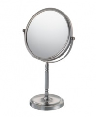 Up close and personal has never looked so good! Featuring brushed metal with traditional details, along with 5x magnifying power, this recessed base vanity mirror is a must for your bath or boudoir.