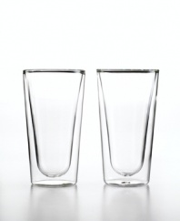 Double-duty drinkware. This set of Duos highball glasses from Luigi Bormioli features two layers of glass blown together for a cool floating look, smart insulation and lasting durability. The innovative design keeps hot drinks hot-but not too much to handle-and cold drinks chilled without making the glass sweat.