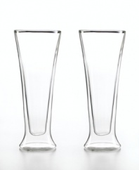 Double-duty drinkware. This set of Luigi Bormioli's Duos pilsner drinking glasses features two layers of glass blown together for a cool floating look, smart insulation and lasting durability. The innovative design keeps hot drinks hot-but not too much to handle-and your favorite beer cold without making the glass sweat.